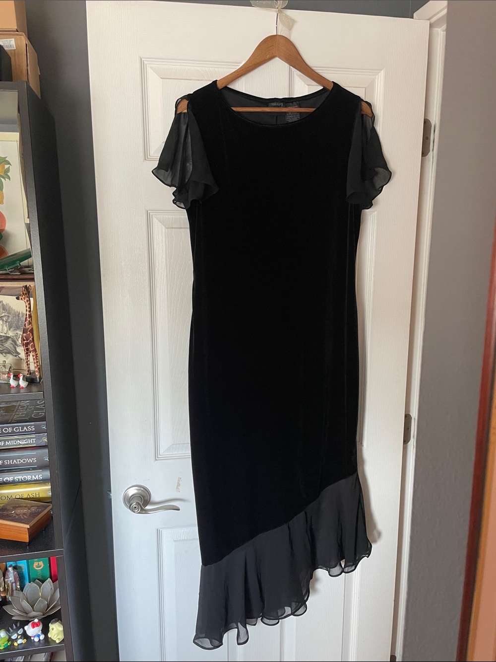 Vintage Black Velvet Asymmetrical Dress with Chiffon Ruffle